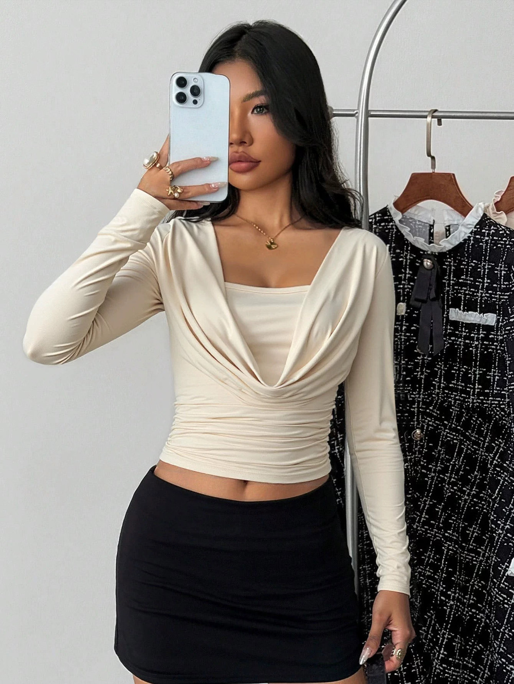 ZARA Chic Layering Knit Top Cowl Neck Cropped Slim Fit Long Sleeve Spring Summer